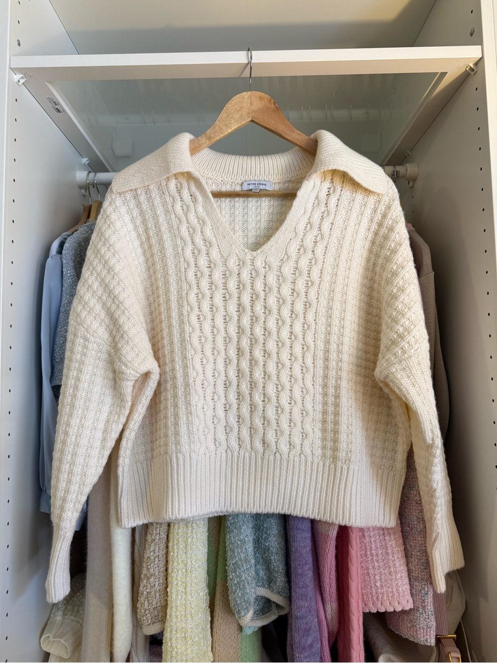 Petite Studio Cream Cable-Knit V-Neck Sweater with Collar